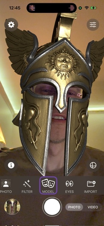 Mask Studio showing a Spartan helmet AR mask on a face